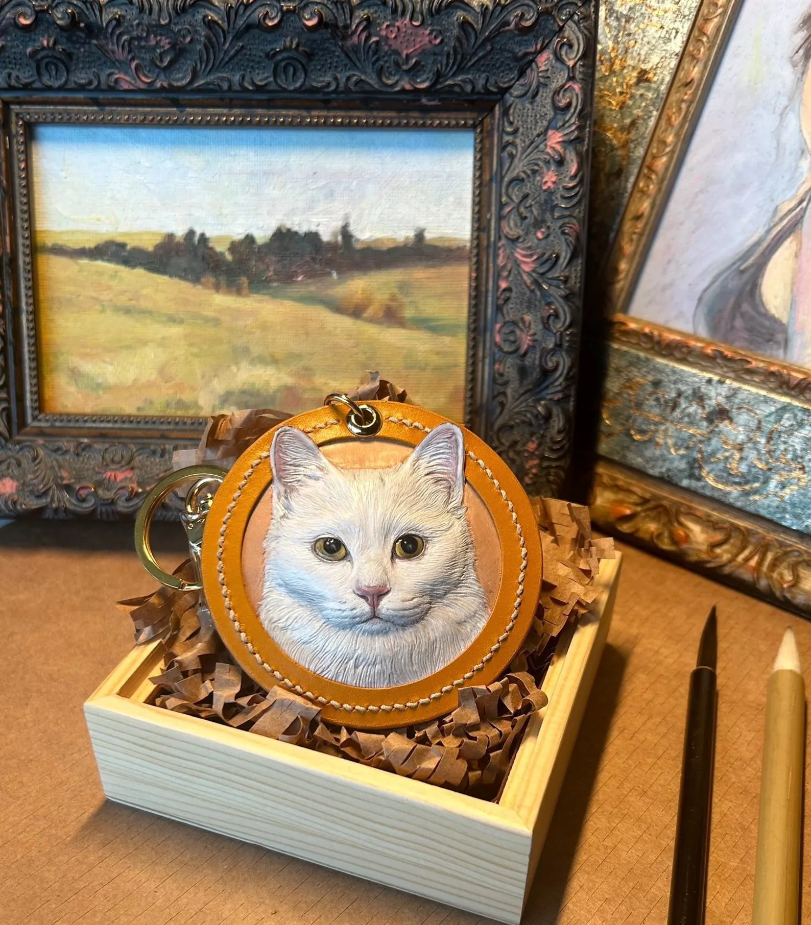 Custom Leather Pet Portrait Keychain | Cat Head