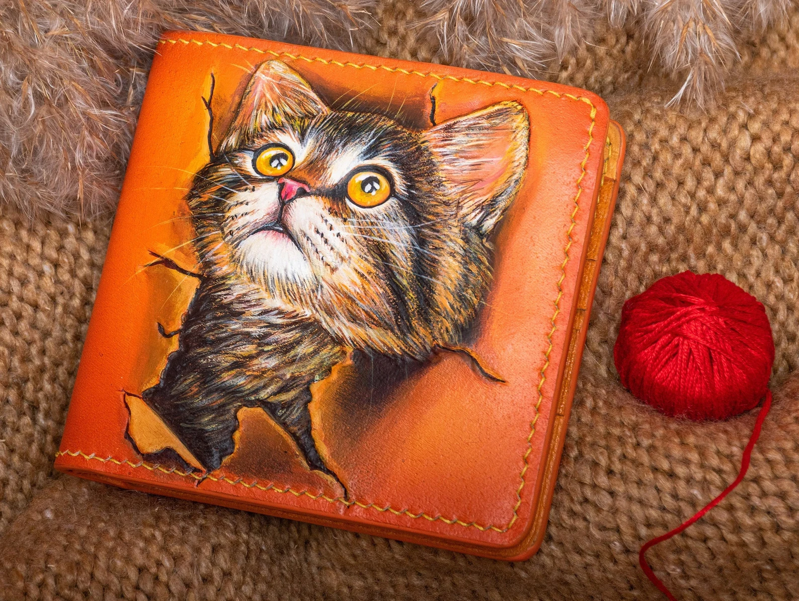 Custom Tooled Leather Dog Wallet | Pet Portrait Wallet | Cat Head
