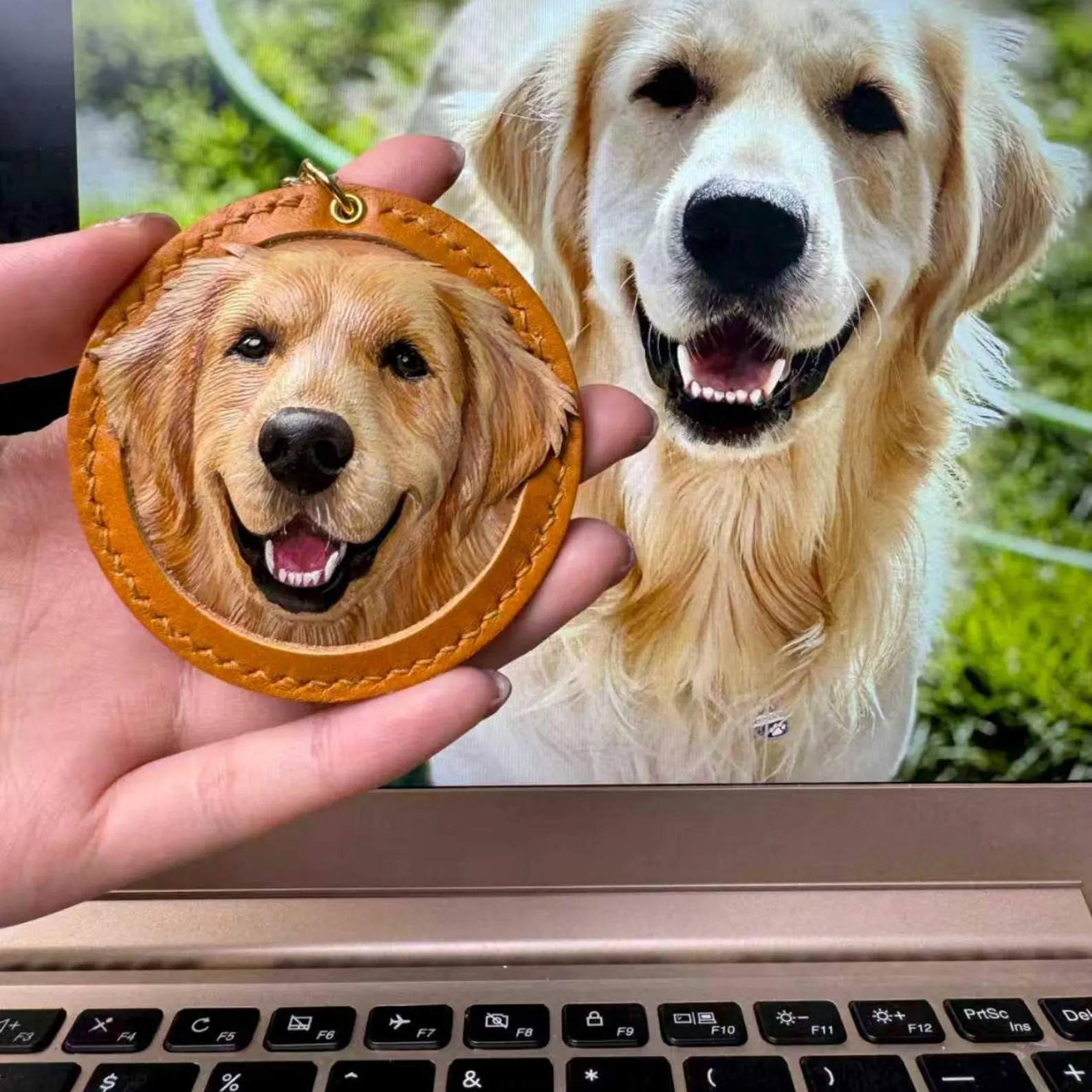 3D Custom Leather Pet Portrait Keychain | Dog Head