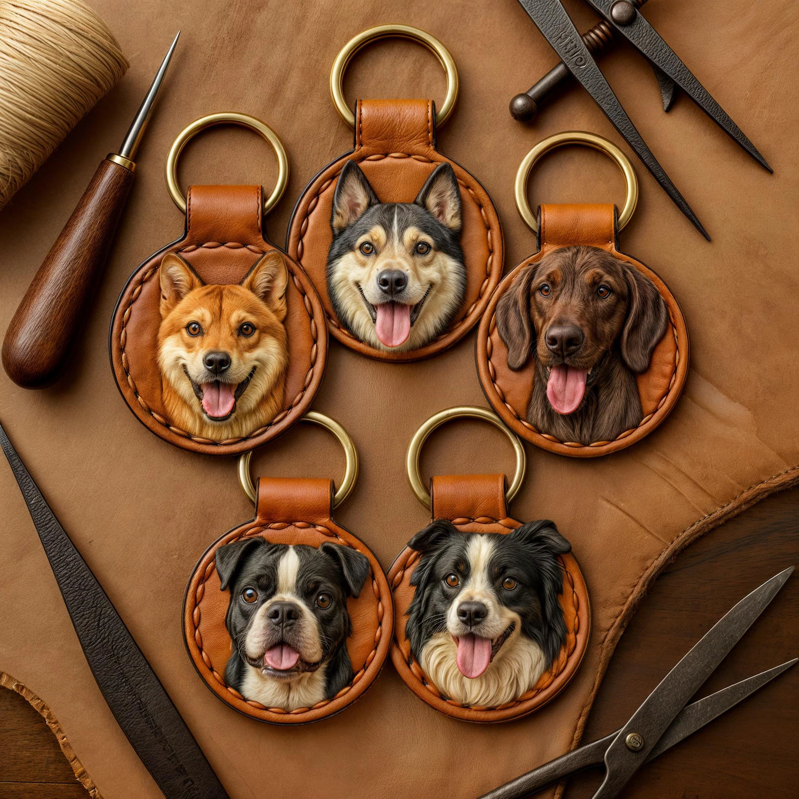 3D Custom Leather Pet Portrait Keychain | Dog Head