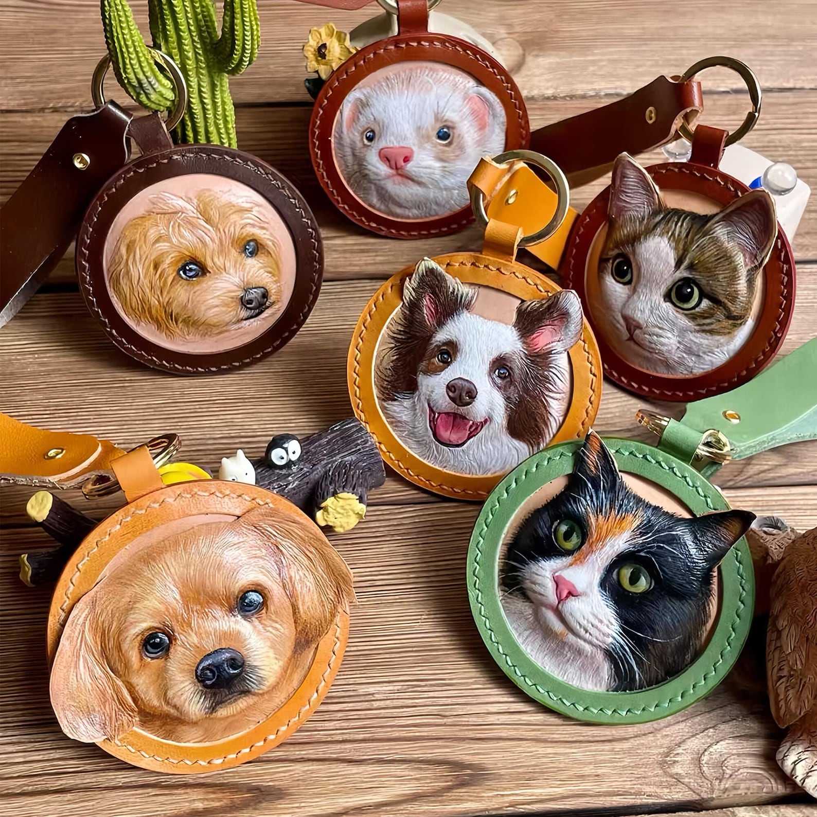 3D Custom Leather Pet Portrait Keychain | Dog Head